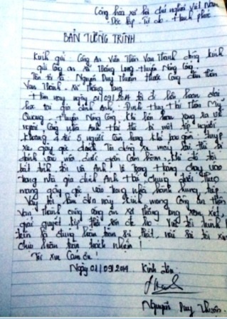 Đơn tường trình của anh Thuận gửi Công an xã Thăng Long