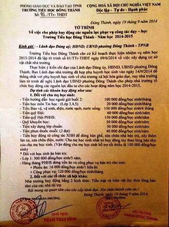  Tờ trình các khoản thu của Trường tiểu học Đông Thành.