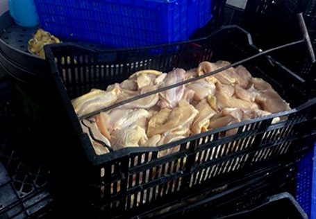 Tiêu huỷ hơn 3 tấn thực phẩm không xuất xứ trong cơ sở sản xuất giò chả - 2 Một khay chứa thịt gà bẩn dùng được phát hiện