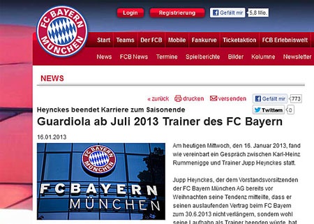 Guardiola chính thức ký hợp đồng với Bayern Munich - 1 Bayern Munich xác nhận đã đạt được thỏa thuận với Guardiola trên website chính thức
