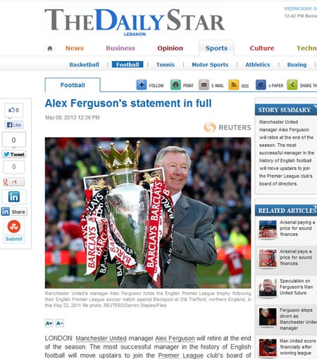 Báo giới Anh chấn động trước thông tin Alex Ferguson nghỉ hưu - 7 The Mirror đăng tải thông tin Alex Ferguson từ giã sự nghiệp HLV ngay trên trang chủ.