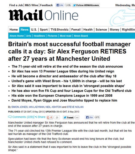 Báo giới Anh chấn động trước thông tin Alex Ferguson nghỉ hưu - 9 The Sun nhận định về Alex Ferguson như là một “ông chủ” thực sự của Manchester United.