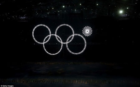 Những khoảnh khắc ấn tượng từ lễ khai mạc Olympic Sochi 2014 - 3 Lễ khai mạc có những bông tuyết phát sáng tuyệt đẹp ứng với 5 vòng tròn biểu tượng của Olympic.
