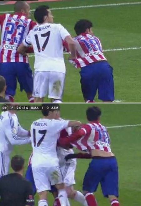 Atletico Madrid “đá bẩn”, còn Real Madrid “đá đẹp”? - 2 Phút 20: Arbeloa kéo áo Diego Costa trong vòng cấm địa nhưng trọng tài không thổi phạt đền.