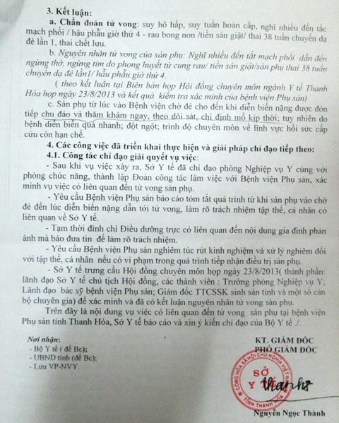 Kết luận trong công văn của Sở Y tế Thanh Hóa gửi Bộ Y tế