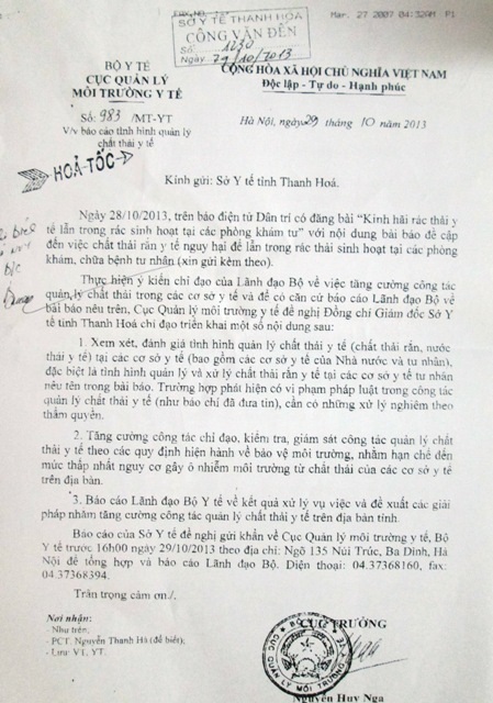 Công văn hỏa tốc của Cục quản lý môi trường, Bộ y tế gửi Sở  tế Thanh Hóa