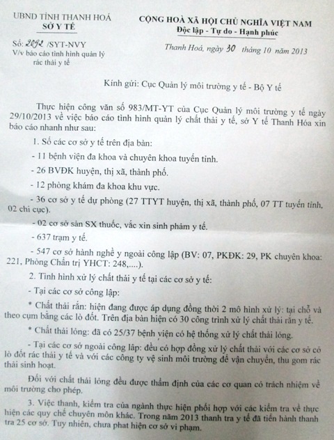 Báo cáo nhanh của Sở Y tế gửi Cục Quản lý môi trường- Bộ y tế