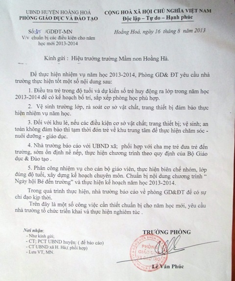 Công văn sát nhập trường của Trưởng Phòng GD huyện Hoằng Hóa.