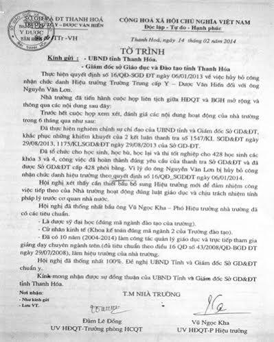 Tờ trình của trường Y dược Văn Hiến gửi Sở GD-ĐT Thanh Hóa