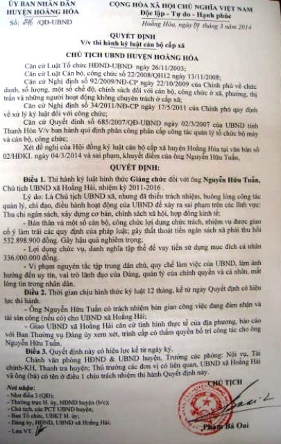 Quyết định giáng chức đối với ông Nguyễn Hữu Tuấn