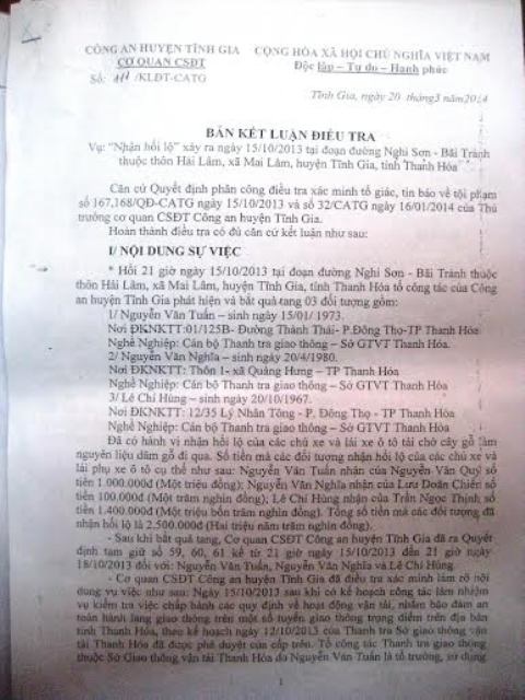 Bản kết luận điều tra sự việc của Công an huyện Tĩnh Gia