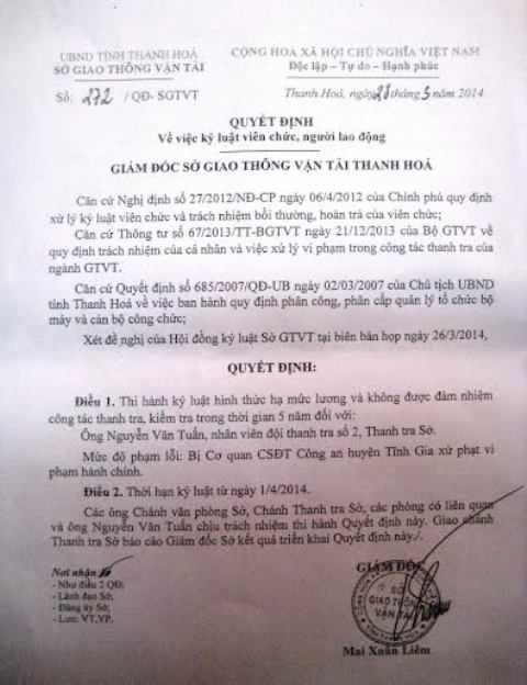 Vụ thanh tra giao thông nhận hối lộ: Không đảm nhiệm chức vụ trong 5 năm - 2 Bản kết luận điều tra sự việc của Công an huyện Tĩnh Gia