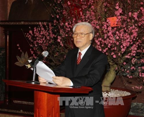 Tổng Bí thư Nguyễn Phú Trọng: Minh chứng cho bản lĩnh, trí tuệ và sức mạnh đoàn kết Việt Nam - 1 Tổng Bí thư Nguyễn Phú Trọng phát biểu tại cuộc gặp mặt (Ảnh: Trí Dũng – TTXVN).