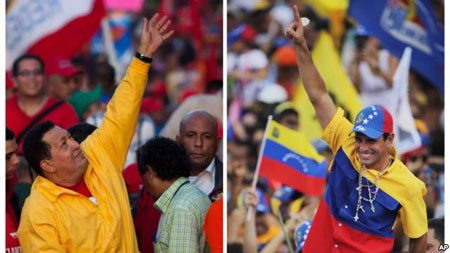 Cử tri Venezuela bỏ phiếu trong cuộc bầu cử gay cấn nhất 14 năm - 1 Tổng thống Chavez (trái) và đối thủ Capriles