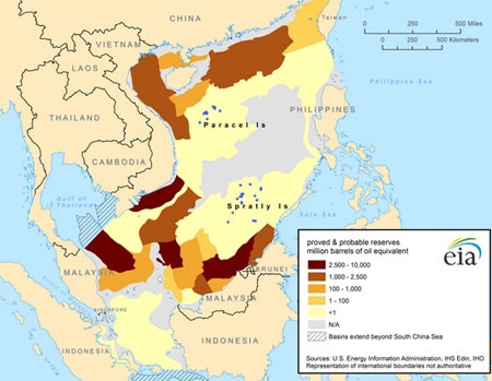 “Hoàng Sa và Trường Sa không nhiều dầu khí” - 1 Bản đồ dầu khí Biển Đông của EIA.