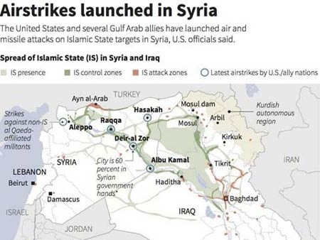 Vị tướng "vô hình" của Mỹ trong cuộc chiến chống IS - 2 Bản đồ thể hiện các vị trí Mỹ và đồng minh không kích IS tại Syria. Ảnh: Reuters