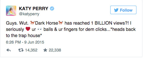 Dark Horse của Katy Perry gia nhập câu lạc bộ “tỷ lượt người xem” - 4 Katy Perry thể hiện sự vui sướng trên Twitter.