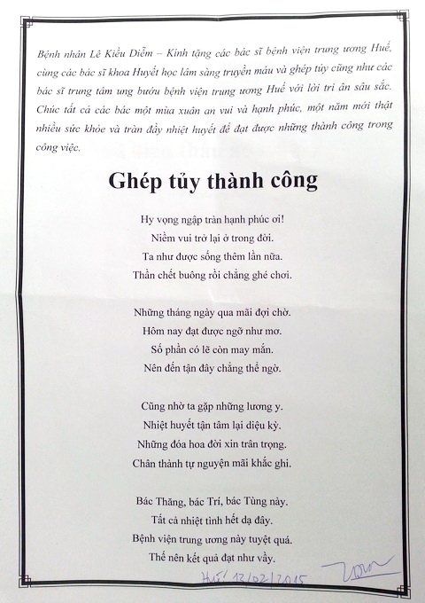 Chữa khỏi ung thư - Hy vọng mới của ngành y nước nhà - 8 Bài thơ bệnh nhân Kiều Diễm tặng riêng cho các điều dưỡng ở Khoa Huyết học lâm