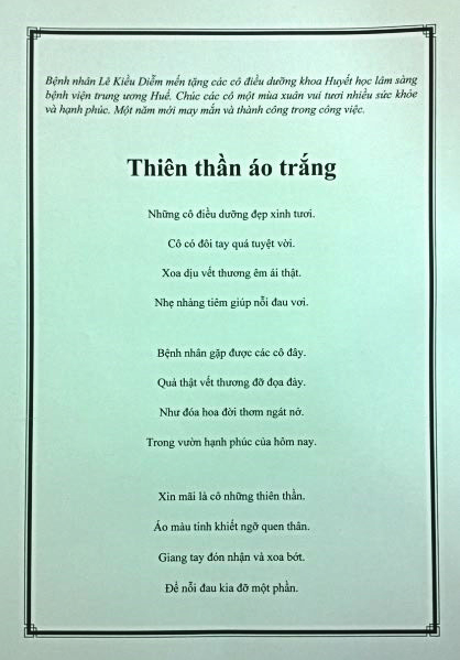 Chữa khỏi ung thư - Hy vọng mới của ngành y nước nhà - 9 Bài thơ bệnh nhân Kiều Diễm tặng riêng cho các điều dưỡng ở Khoa Huyết học lâm
