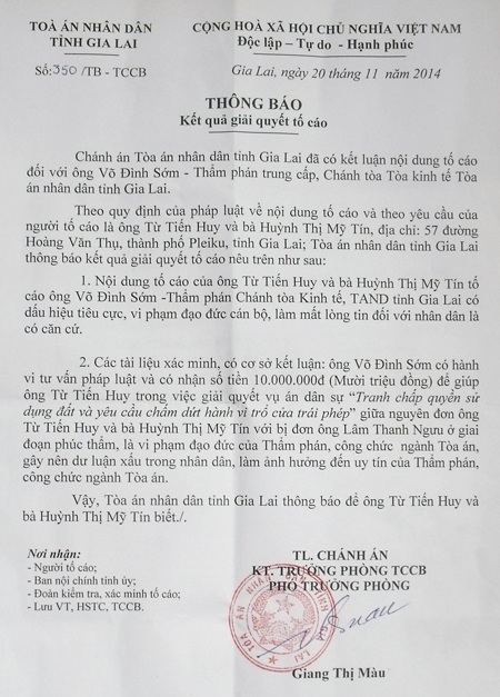 Trả lại tiền “tư vấn” Chánh tòa kinh tế nhận của nguyên đơn - 1 Thông báo giải quyết tố cáo của TAND tỉnh Gia Lai