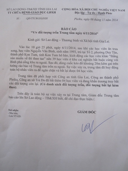 Báo sự việc của Trung tâm