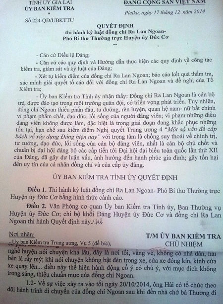 Quyết định của Ủy ban Kiểm tra Tỉnh ủy Gia Lai