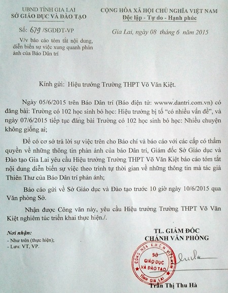 Vụ trường có 102 học sinh bỏ học: Sở Giáo dục yêu cầu báo cáo nhanh - 1 Công văn của Sở GD&ĐT tỉnh Gia Lai
