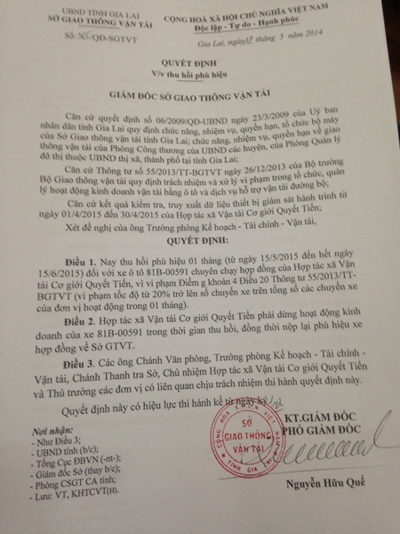 Một quyết định thu hồi phù hiệu của Sở GTVT Gia Lai