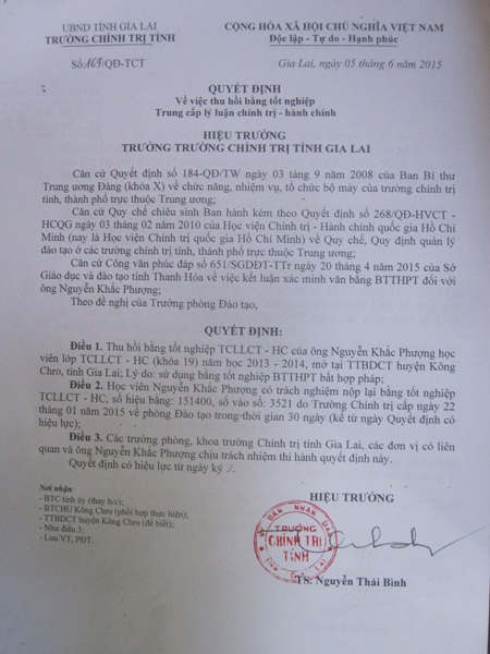 Quyết định của Trường Chính trị tỉnh Gia Lai.