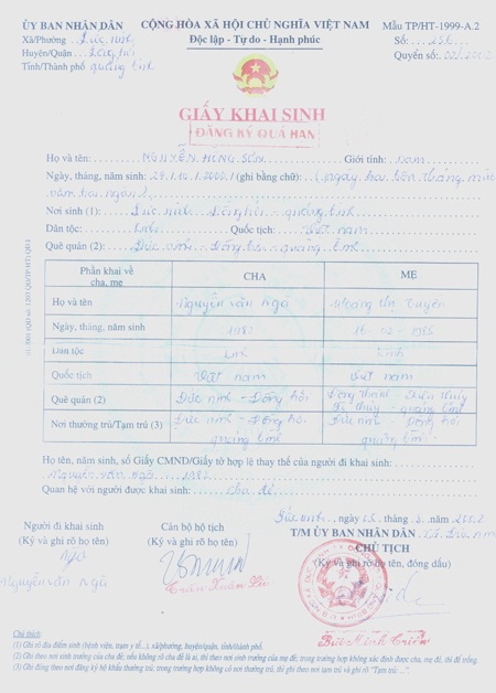 Giấy khai sinh của Nguyễn Hồng Sơn