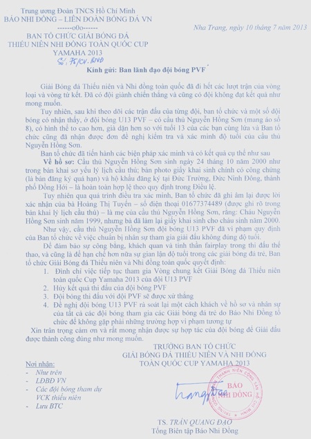 Quyết loại định U13 PVF của BTC giải U13 toàn quốc