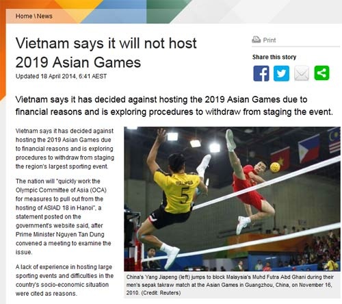 Truyền thông quốc tế đưa tin Việt Nam rút đăng cai ASIAD 18 - 1 Thông tin Việt Nam dừng đăng cai Asiad tràn ngập trên các mặt báo châu Á