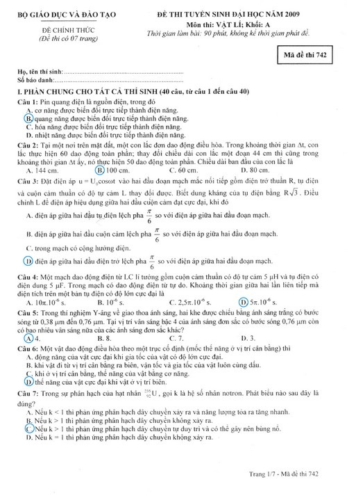 Gợi ý giải đề thi môn Vật lý khối A - 1