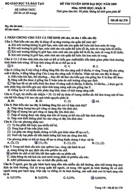 Gợi ý giải đề thi môn Sinh khối B (bản cập nhật) - 2