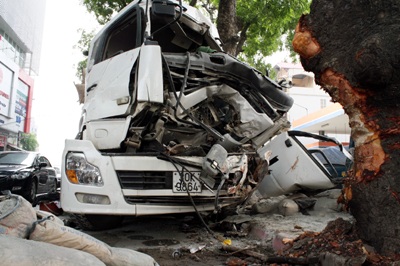 Xe tải hạng nặng “phanh” bằng gốc cây bên đường - 3