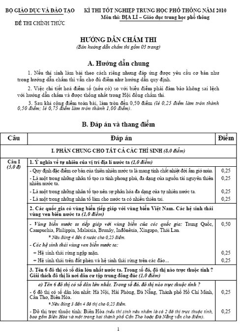 Đáp án môn Địa lý tốt nghiệp THPT 2010 của Bộ GD-ĐT  - 3