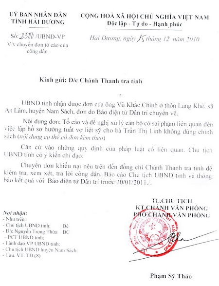 Yêu cầu Thanh tra tỉnh Hải Dương giải quyết dứt điểm khiếu nại của công dân - 1 Yêu cầu Thanh tra tỉnh Hải Dương giải quyết dứt điểm khiếu nại của công dân - 1