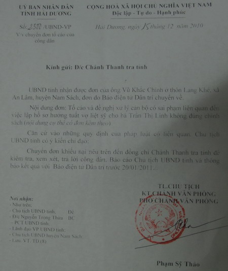 Thanh tra tỉnh Hải Dương tiếp tục chậm hồi âm Báo Dân trí - 1 Thanh tra tỉnh Hải Dương tiếp tục chậm hồi âm Báo Dân trí - 1