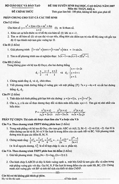 Nhận định và gợi ý giải đề thi Toán khối A - 1