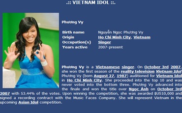 Phương Vy đã có mặt trên website chính thức của Asian Idol - 1