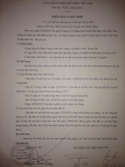 Biên bản cam kết trả lại tiền của Công ty Cổ phần cơ khí Hưng Sơn do ông Nguyễn Đình Lượng ký