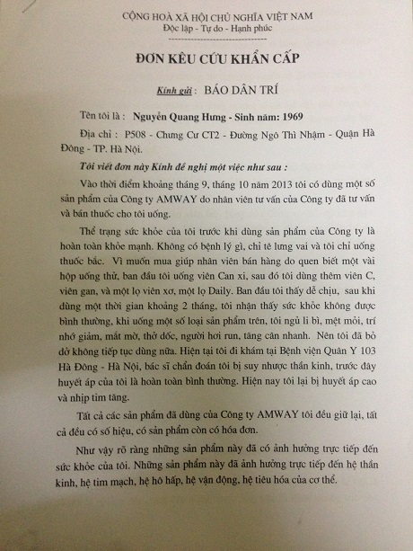 Đơn kêu cứu của anh Nguyễn Quang Hưng