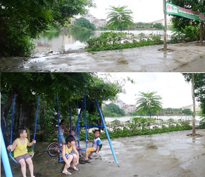 Sáng kiến minh bạch hóa thông tin để hạn chế tham nhũng - 2 Sân chơi phường Hạ Đình trước và sau khi được người dân chung tay cải tạo.