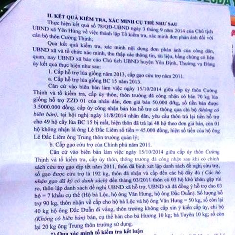 Trưởng thôn ăn chặn gạo cứu đói của người nghèo - 1 Kết quả kiểm tra của UBND xã Yên Hùng
