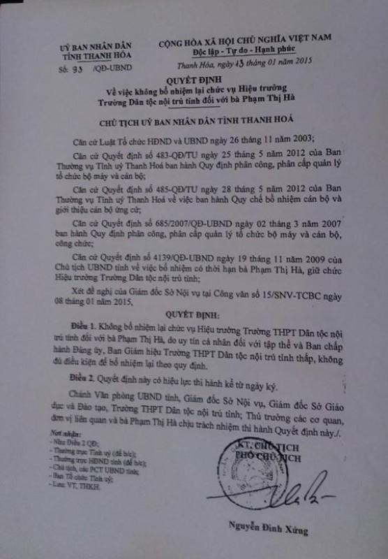 Không tái bổ nhiệm Hiệu trưởng bị “tố” cắt tiền thưởng của học sinh - 1 Quyết định không bổ nhiệm chức Hiệu trưởng đối với bà Phạm Thị Hà