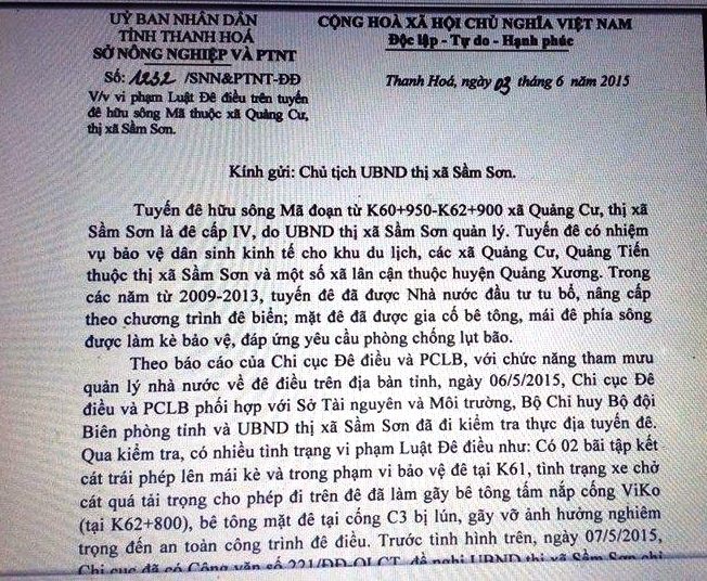 Văn bản đề nghị giải tỏa bãi cát, xử lý xe quá khổ quá tải ra vào của Sở NN&PTNN tỉnh Thanh Hóa