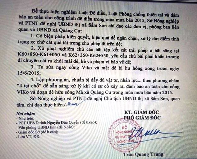 Văn bản đề nghị giải tỏa bãi cát, xử lý xe quá khổ quá tải ra vào của Sở NN&PTNN tỉnh Thanh Hóa