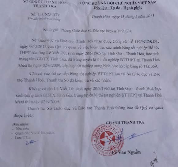 Công văn Sở Giáo dục kết luận tấm bằng của ông Tứ là không hợp pháp