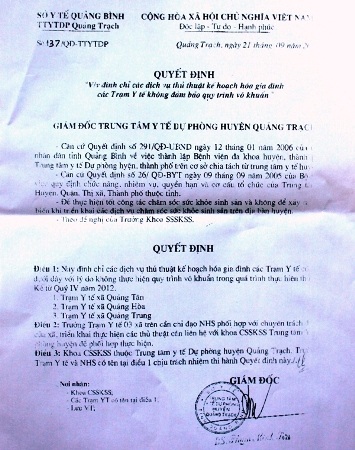 Quyết định đình chỉ hoạt động 3 Trạm Y tế xã tại huyện Quảng Trạch