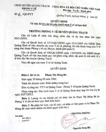 Quyết định trái khoáy của Phòng Y tế huyện Quảng Trạch